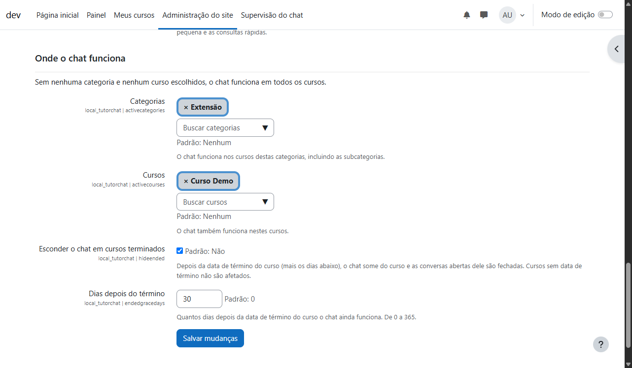 Bloco Onde o chat funciona nas configurações do plugin, com uma categoria e um curso escolhidos