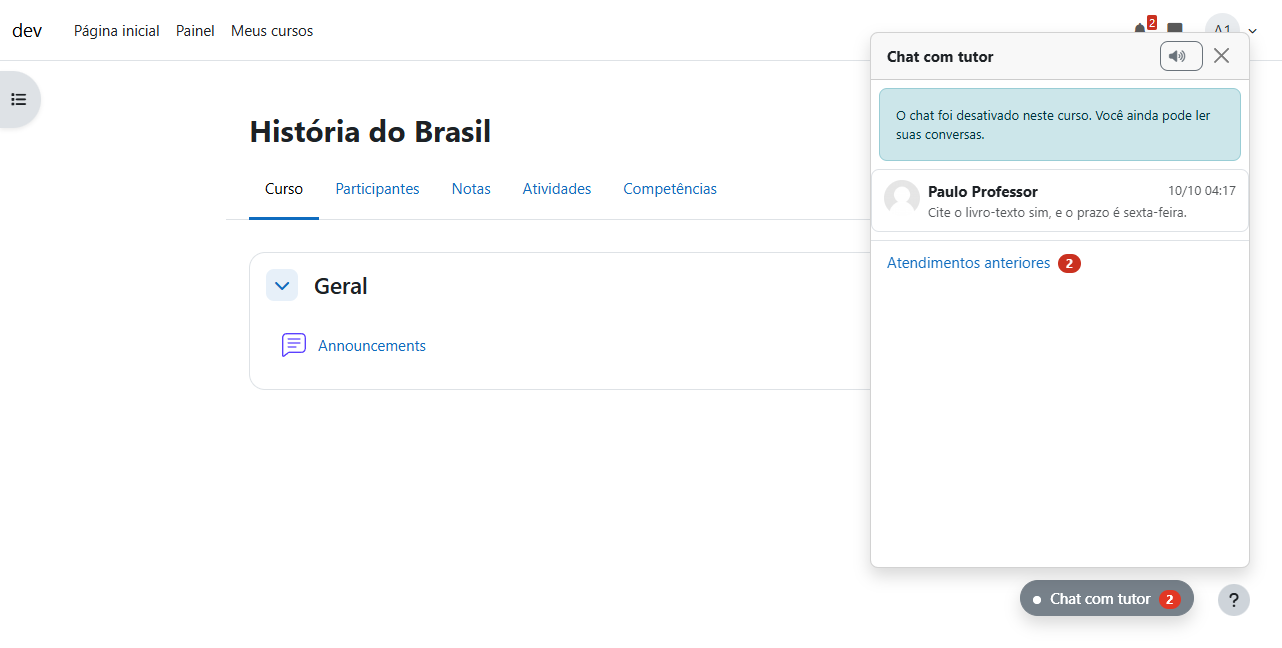 Widget do aluno somente leitura em um curso onde o chat está desativado