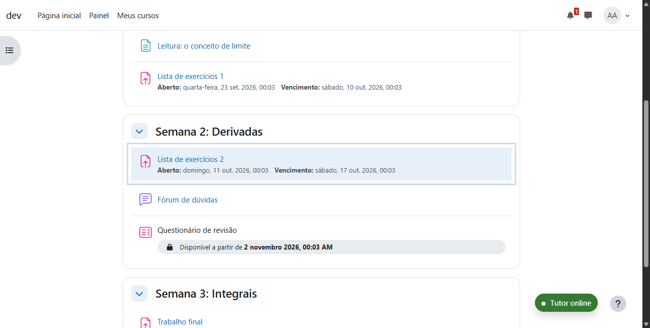 O item destacado na página do curso, formato Tópicos